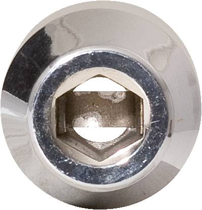 Vorderansicht einer silbernen Sechskantschraube oder Bolzen mit innerem Gewinde, glänzende Oberfläche, metallische Reflexe.