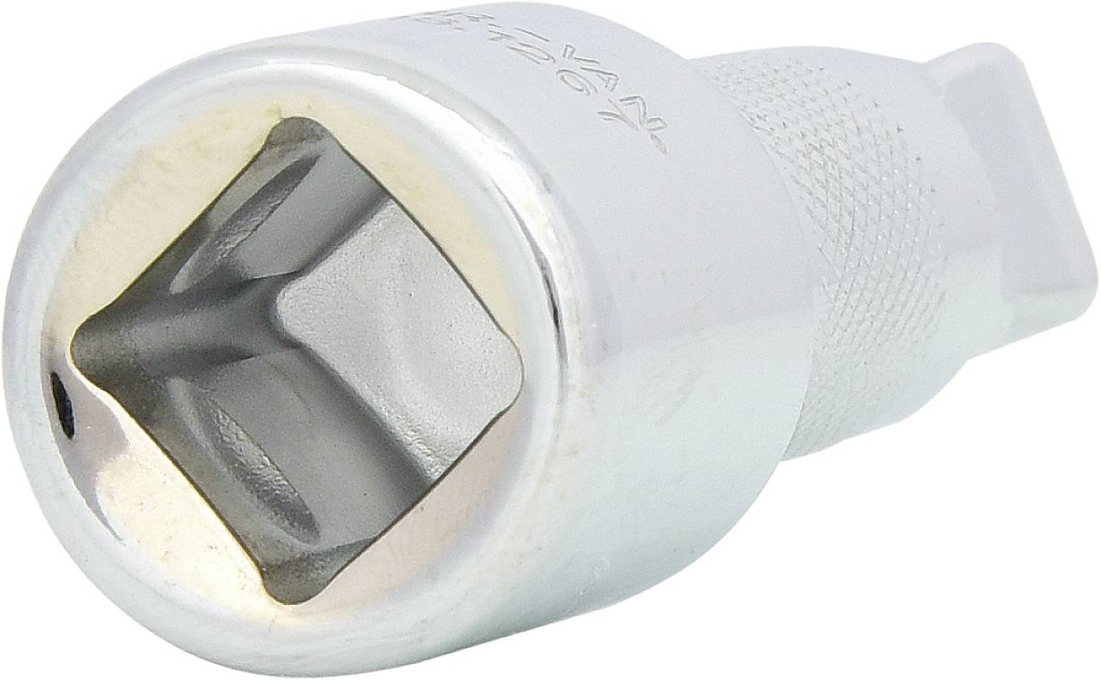 Metallischer Flaschenöffner mit quadratischer Öffnung, geeignet für Kronkorken. Kompakte Größe, einfacher Griff.