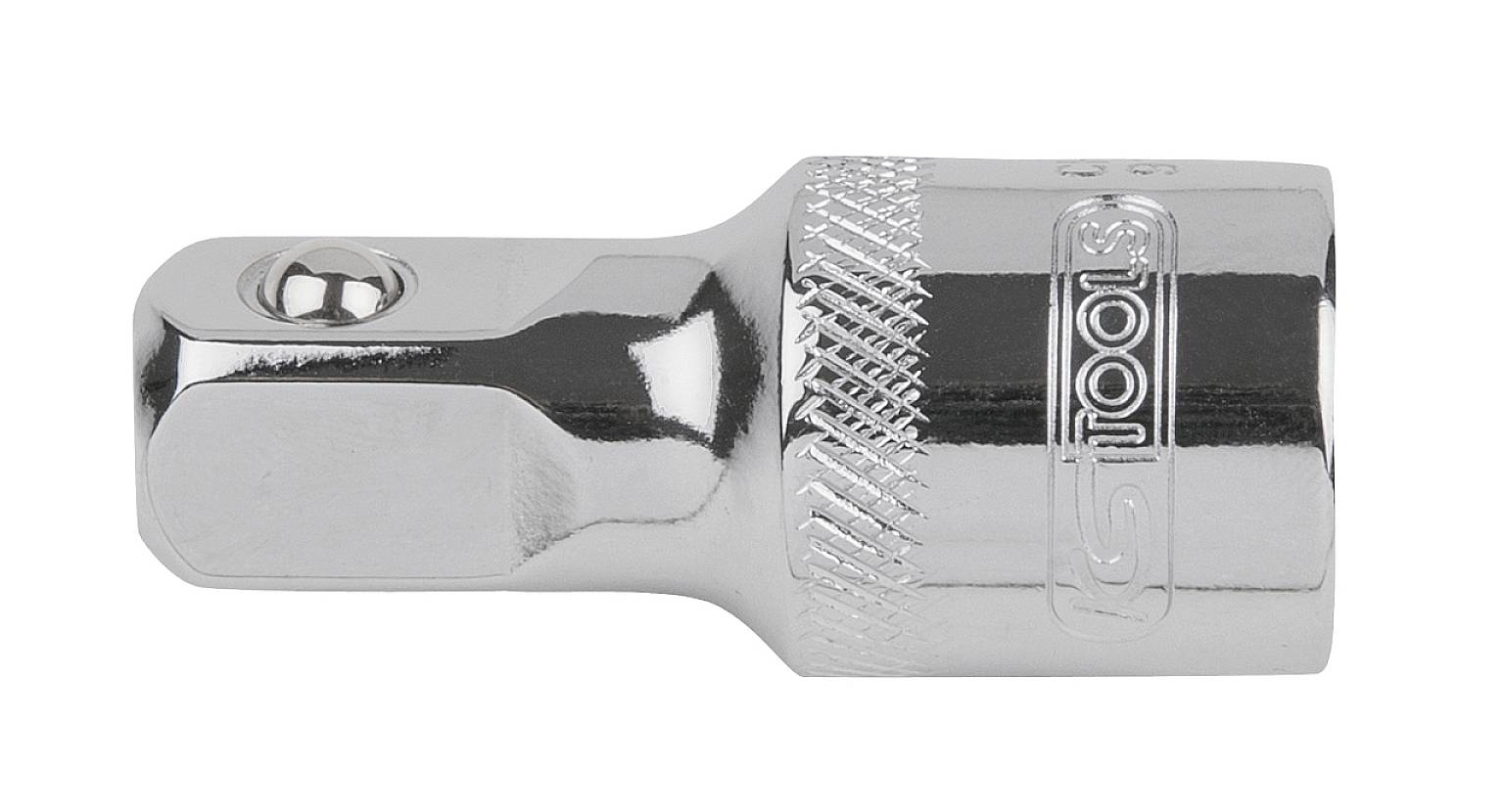 Ein silberner Steckschlüsseladapter für Werkzeuge aus Metall, Zylinderform, mit gerändeltem Griff.