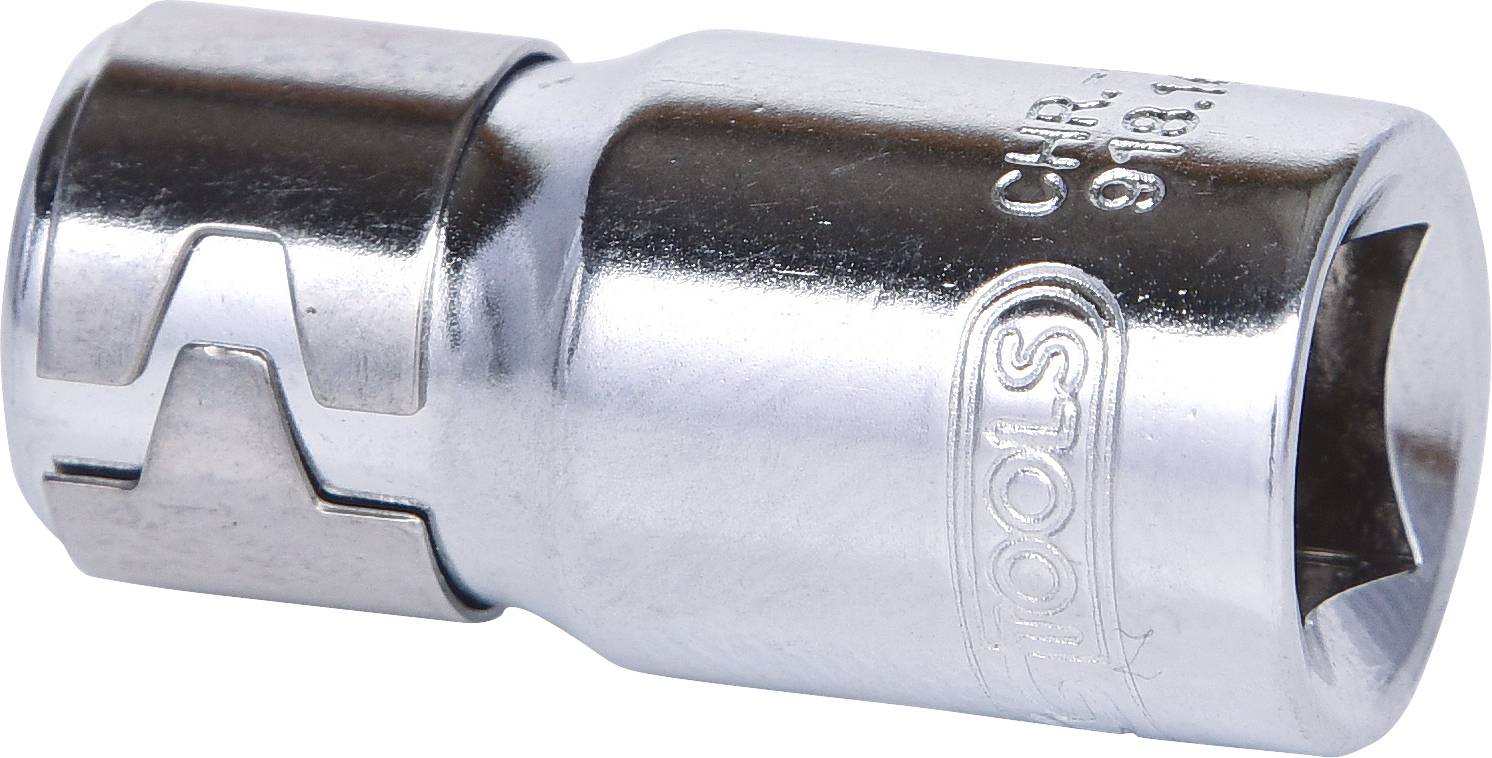 Metall-Sechskant-Steckschlüsselaufsatz in silberner Farbe mit seitlichem Clip zur Befestigung an einem Werkzeug.