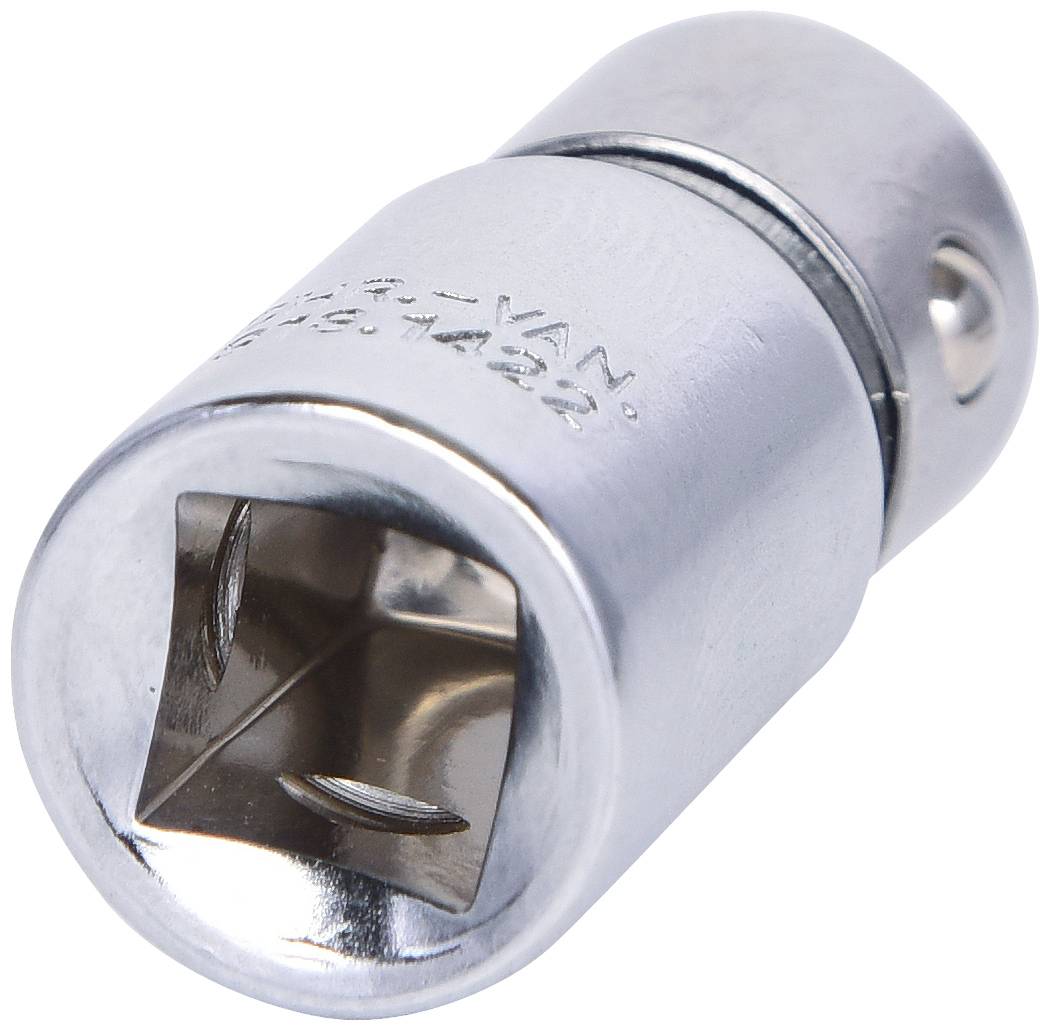 Eine silberne Universalgelenknuss mit quadratischer Öffnung, verwendet für Schraubenschlüssel zum Erreichen schwer zugänglicher Stellen.