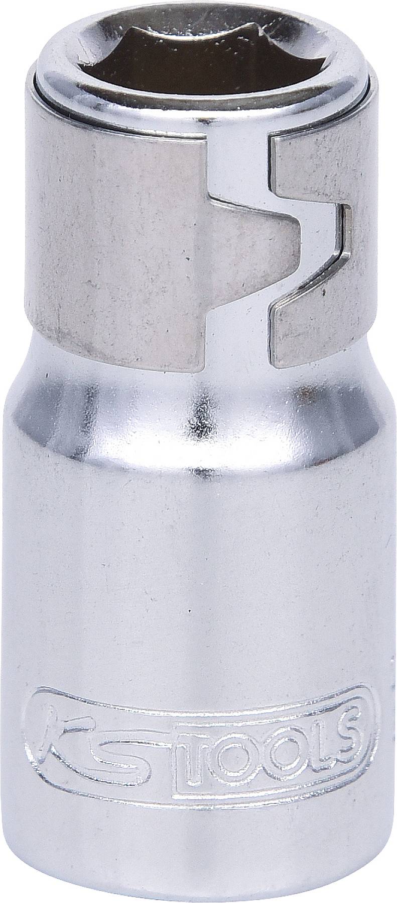 Metallschraubenkopfaufsatz mit Sechskant-Öffnung und Aufschrift 'RS Tools' an der Seite.