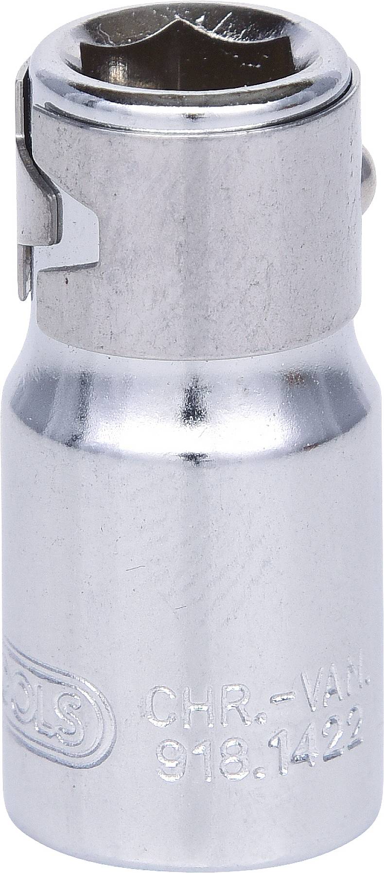 Ein silberner, metallischer Steckschlüsselaufsatz mit sechseckigem Innenprofil und einer Haltevorrichtung an der Seite.