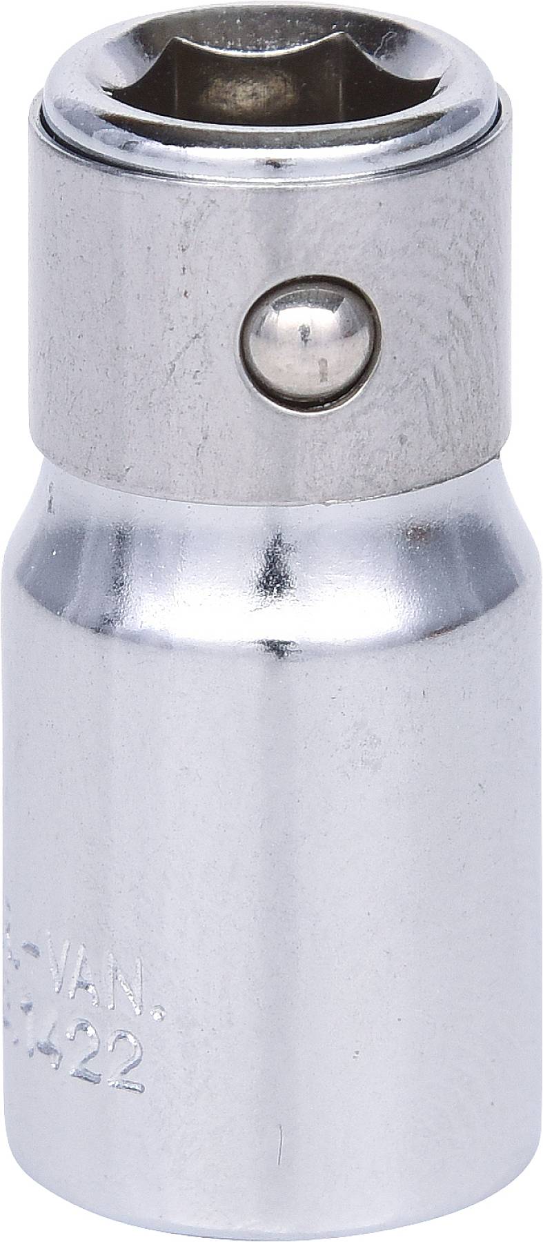 Metallische Steckschlüsselaufnahme mit Sechskantöffnung und Sicherungskugel, verwendet zur Verbindung mit Schraubendrehern oder Ratschen.