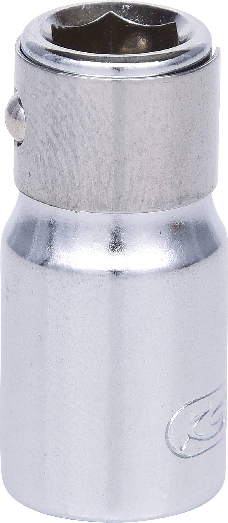 Eine silberne Stecknuss, möglicherweise Teil eines Werkzeugsatzes, mit sechseckiger Öffnung und blanker Metalloberfläche.