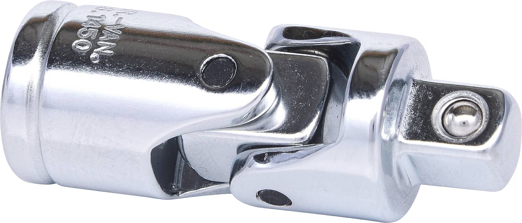 Ein silbernes Gelenkstück aus Metall, das zur Verbindung von Werkzeugteilen dient. Es ermöglicht flexible Winkelanpassungen.
