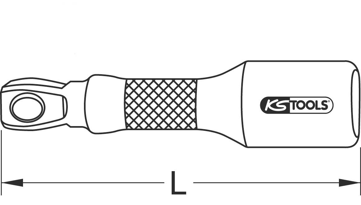 Grafik einer kurzen Knarre mit Rutsch-Griff 'KS Tools', Pfeile und Buchstabe 'L' symbolisieren die Länge der Knarre.