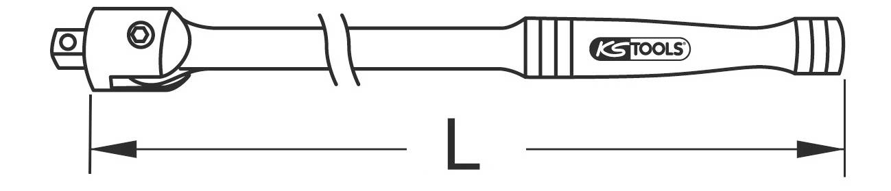 Abbildung eines Steckschlüssel-Griffes mit Aufschrift 'KS TOOLS'. Eine Linie zeigt die Länge 'L' des Griffs an.