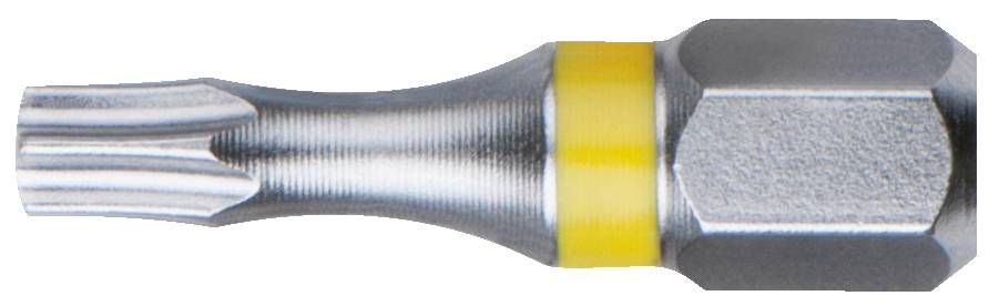 Metallischer Torx-Schraubendrehereinsatz mit gelbem Ring nahe der Spitze, auf einem weißen Hintergrund.