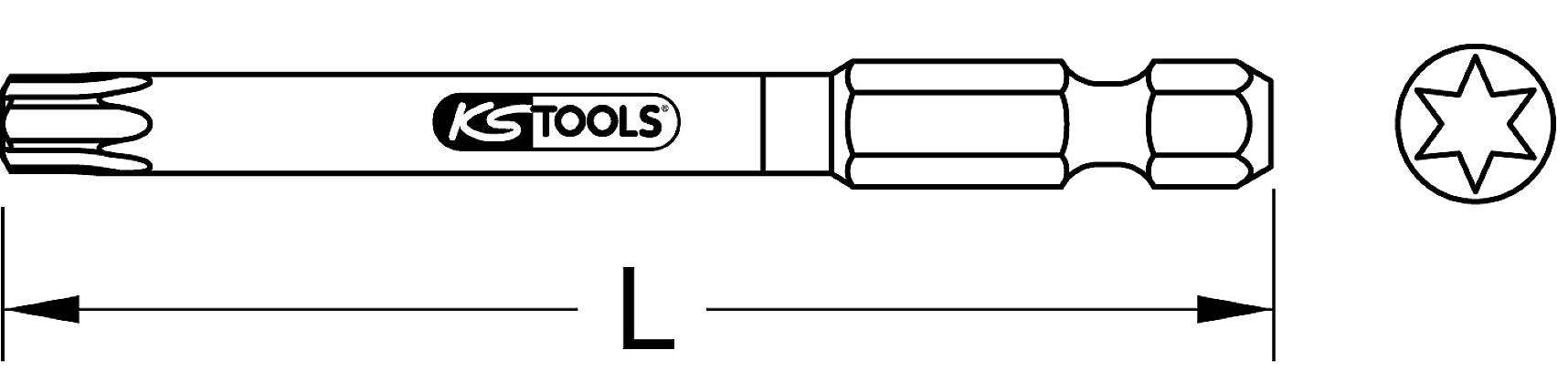 Zeichnung eines Schraubendrehereinsatzes mit Sechskant und Torx-Profil. Länge 'L' wird mit Doppelpfeilen angezeigt.