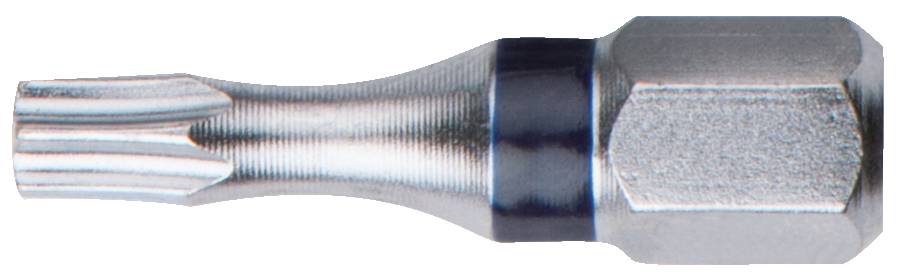 Ein silberner Torx-Bitaufsatz, der zur Befestigung von Schrauben mit Torx-Kopf verwendet wird; zylindrische Form mit geriffeltem Ende.