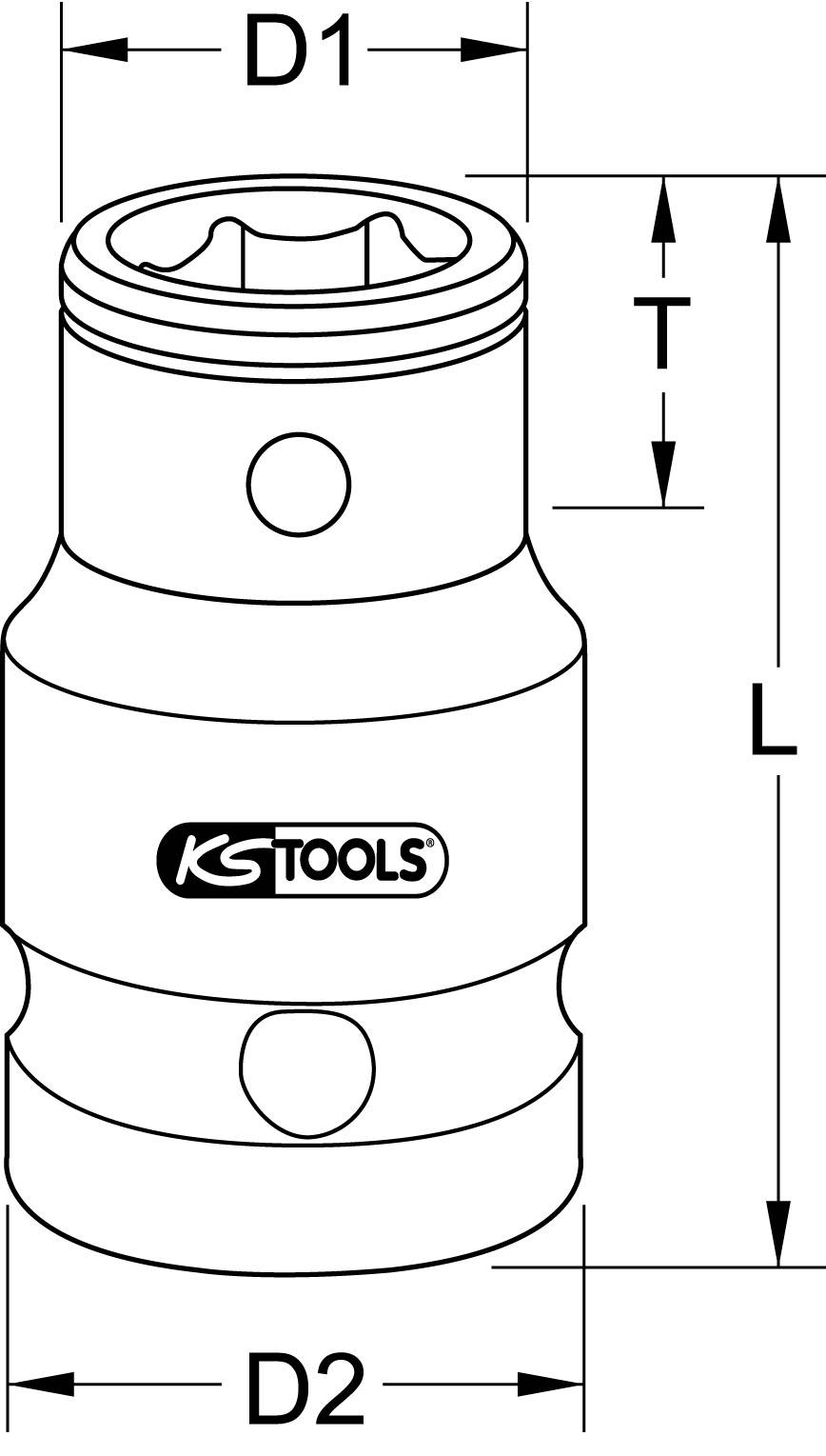 Technische Zeichnung eines Steckschlüssels von KS Tools mit Markierungen für Durchmesser (D1, D2), Länge (L) und Tiefe (T).