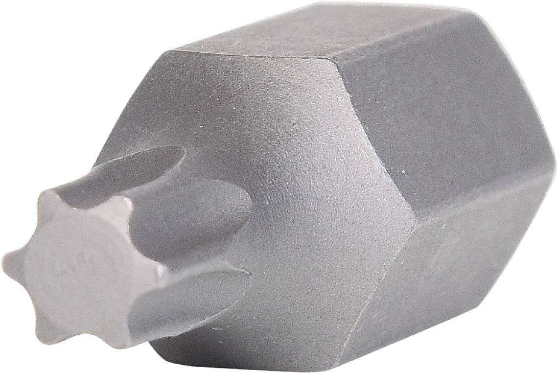 Ein grauer Metalladapter mit hexagonaler und sternförmiger Oberfläche, wahrscheinlich ein Werkzeugaufsatz.