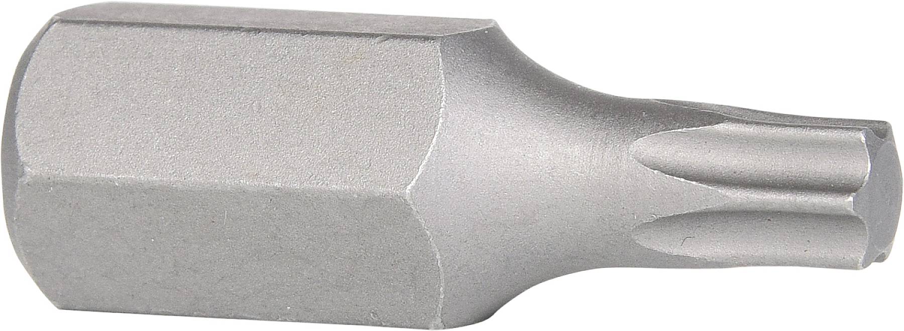 Ein metallischer Torx-Bit für Schraubendreher, zylindrisch mit sternförmigem Kopf, verwendet zum Anziehen oder Lösen von Schrauben.