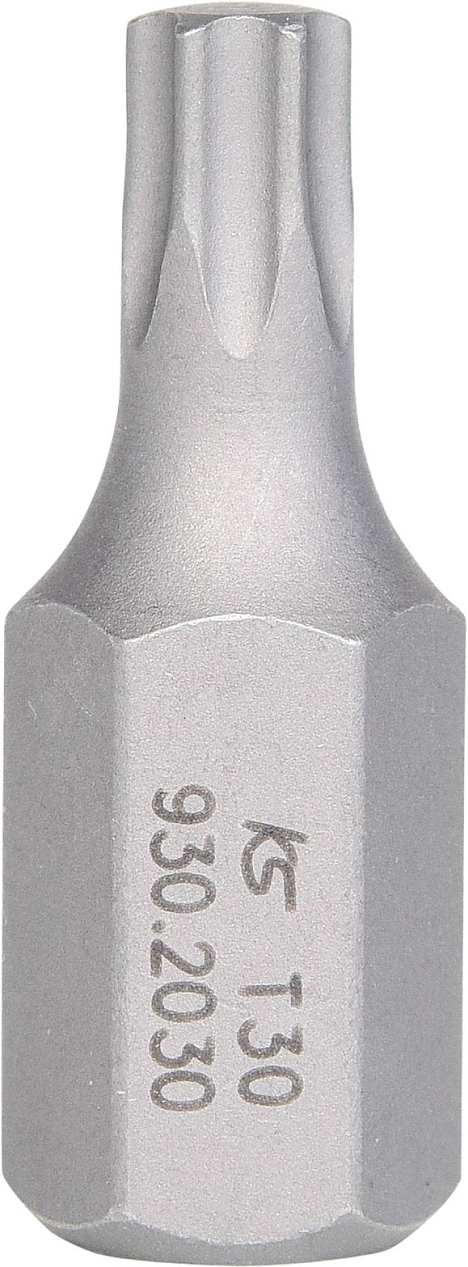 Metallischer Torx-Bit T30 in silberner Farbe, geprägt mit '930/030'. Geometrisches, sechseckiges Design, verwendet für Schraubarbeiten.