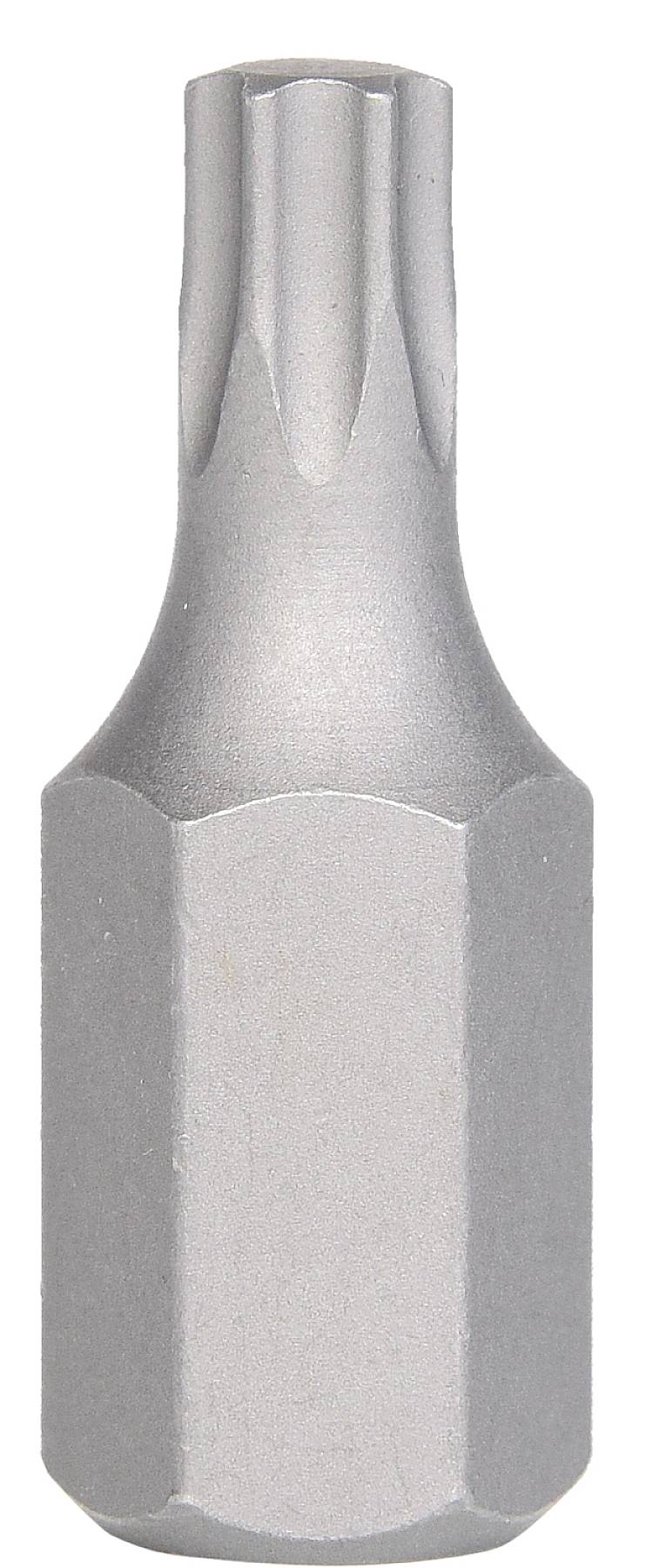 Metallischer Torx-Schraubendreher-Bit in Nahaufnahme, eignet sich für spezielle Schraubenarten in Maschinenbau und DIY-Projekten.