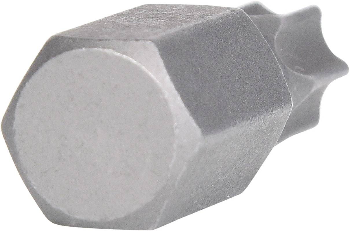 Ein silbernes, sechseckiges Metallteil, das wie ein Schraubaufsatz aussieht.