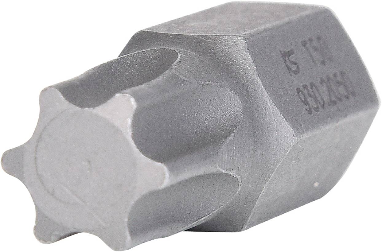 Sechszackiger Metallkopf, vermutlich ein Werkzeug oder Aufsatz, mit Gravur auf der Seite, auf weißem Hintergrund.