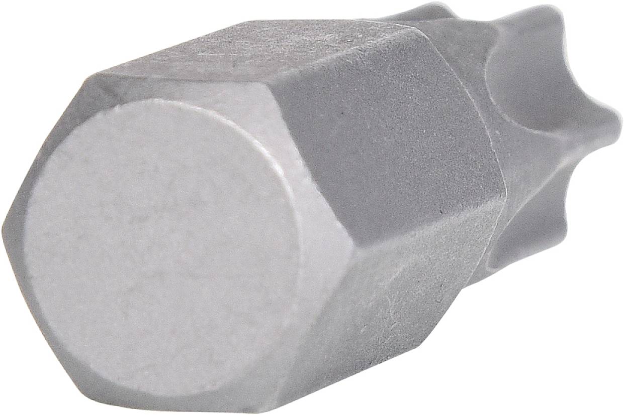 Ein einzelnes graues Metallwerkzeug, möglicherweise ein Schraubaufsatz, liegt auf einer weißen Oberfläche.