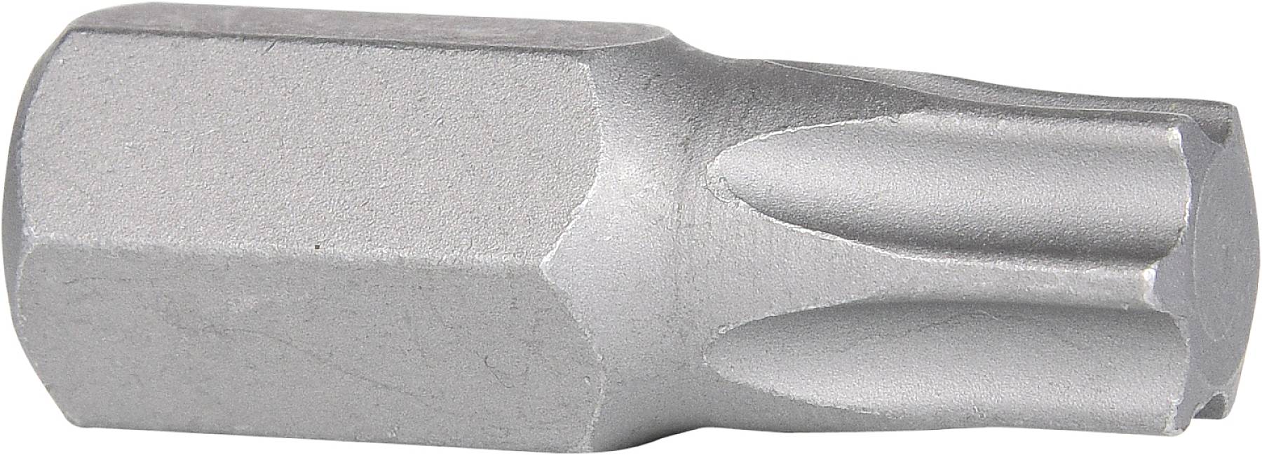 Ein silberner Torx-Bit aus Metall mit sechsseitiger Basis und sternförmiger Spitze, verwendet für Schraubendreher oder Bohrmaschinen.