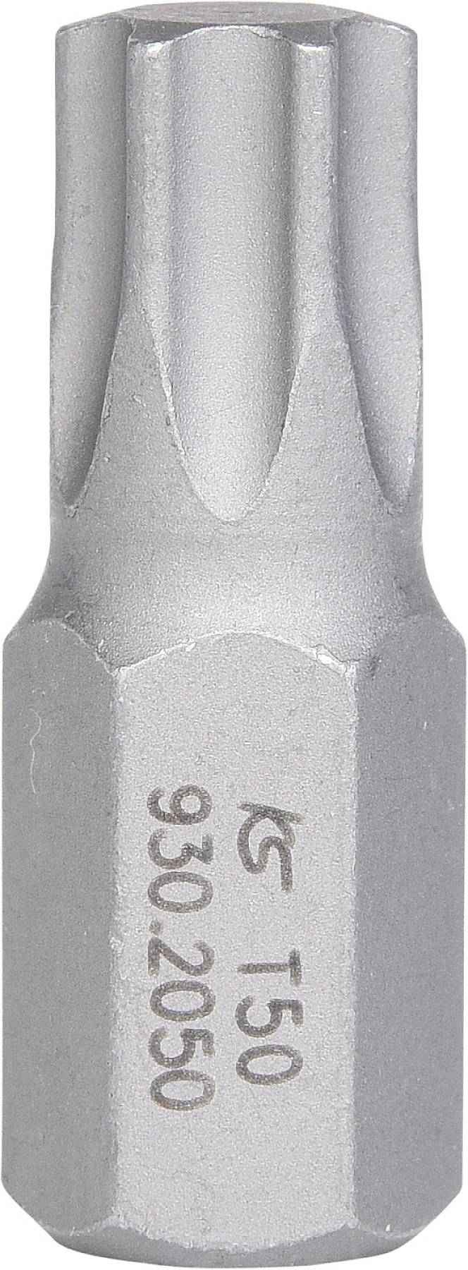 Ein silberfarbener Schraubendreher-Bit mit sechseckiger Basis und einem sternförmigen Ende. Aufdruck zeigt Zahlen und Buchstaben.