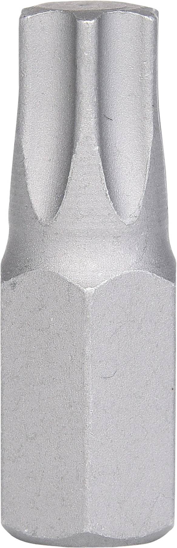 Ein metallischer Schraubendreherbit mit sechseckigem Schaft und ausgeformtem Kopf, geeignet für spezielle Schrauben.