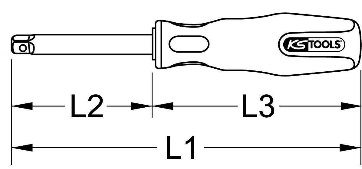 Abbildung eines Schraubendrehers von KS Tools mit Längenangaben L1, L2 und L3 entlang des Schafts und Griffs.