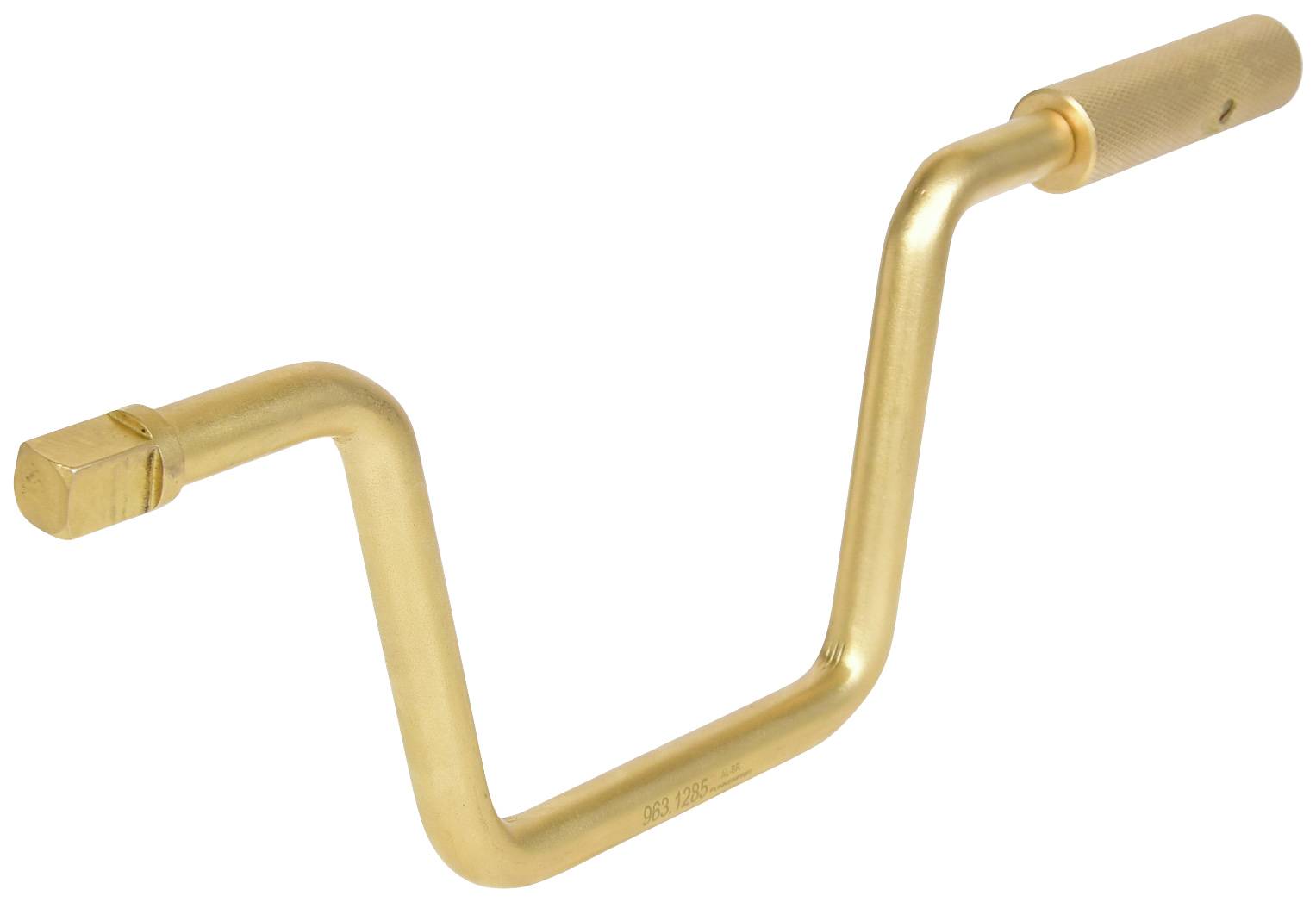 Ein goldfarbener, gewinkelter Metallgriff mit geraden Enden, geeignet zum Drehen oder als Werkzeuggriff.
