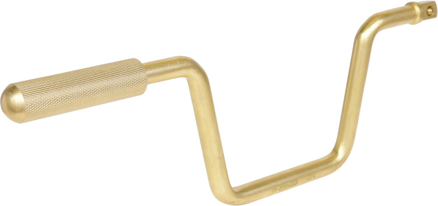 Ein gebogener, goldfarbener Kurbelgriff aus Metall mit texturierter Griffoberfläche, verwendet zum manuellen Drehen von Mechanismen.