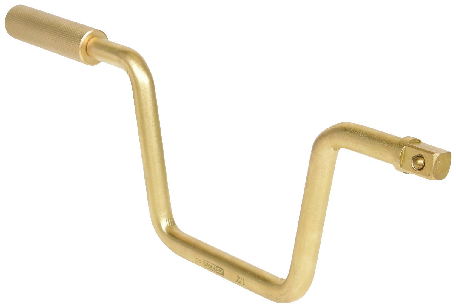 Ein goldener, L-förmiger Kurbelgriff aus Metall mit strukturierter Oberfläche, meist verwendet zum Drehen von Ventilen oder Winden.