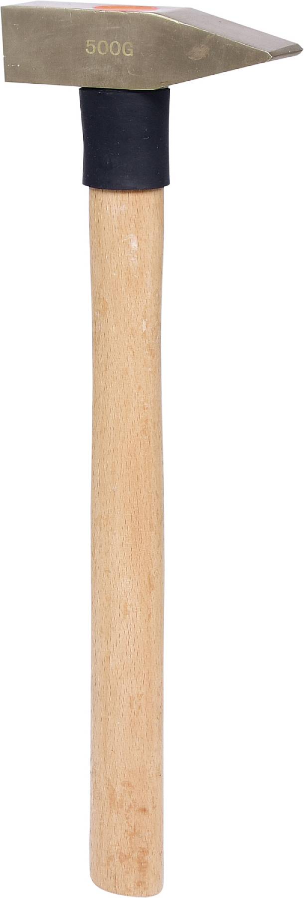 Ein Hammer mit Holzstiel und Metallkopf, auf dem '500g' steht. Der Hammer wird senkrecht gezeigt, mit dem Kopf oben.