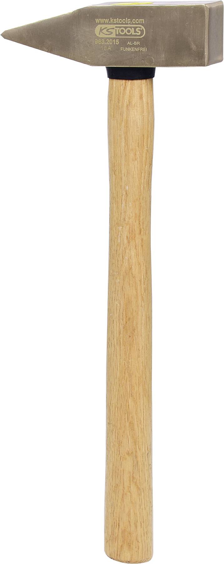 Ein Hammer mit einem langen, hölzernen Griff und einem metallischen Kopf, geeignet für allgemeine Bau- und Handwerksarbeiten.