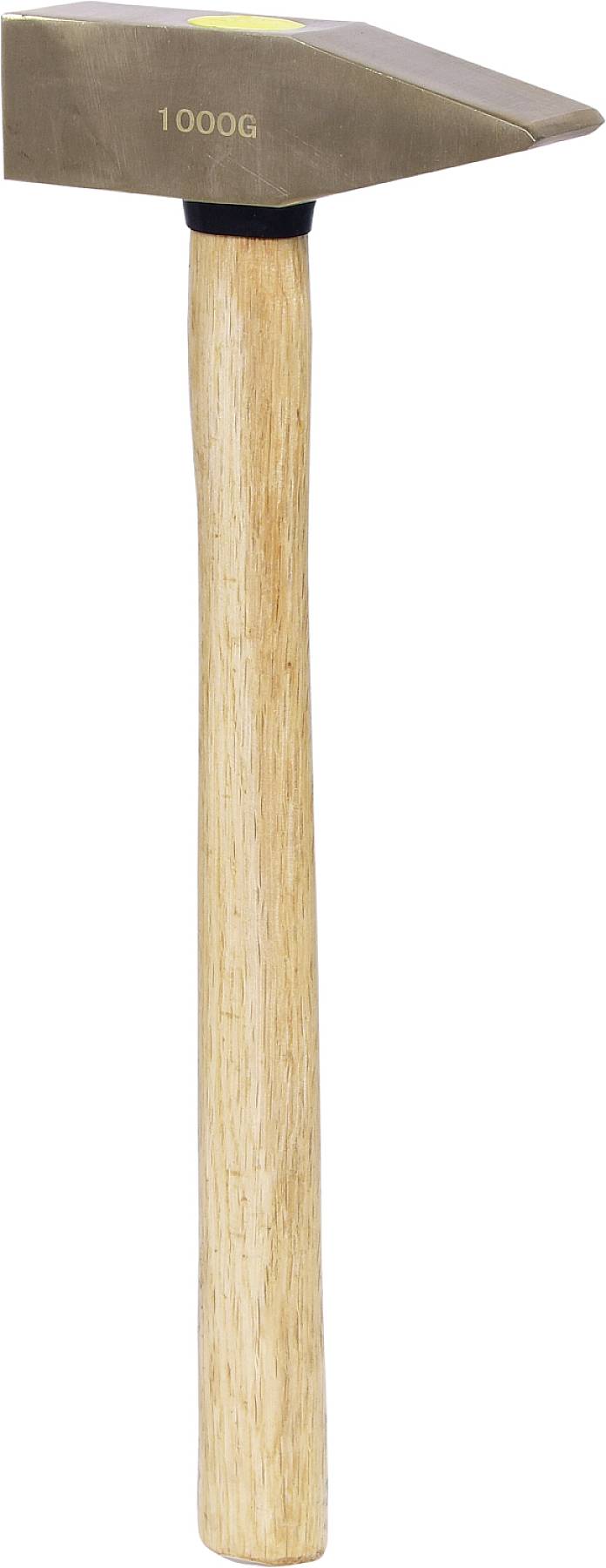 Ein Hammer mit einem hölzernen Griff und einem Metallkopf, auf dem '1000G' steht.