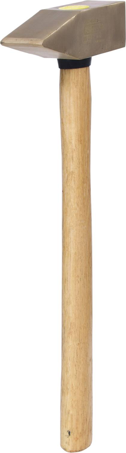 Ein Hammer mit einem Holzgriff und einem massiven, rechteckigen Metallkopf, geeignet für schwere Arbeiten.