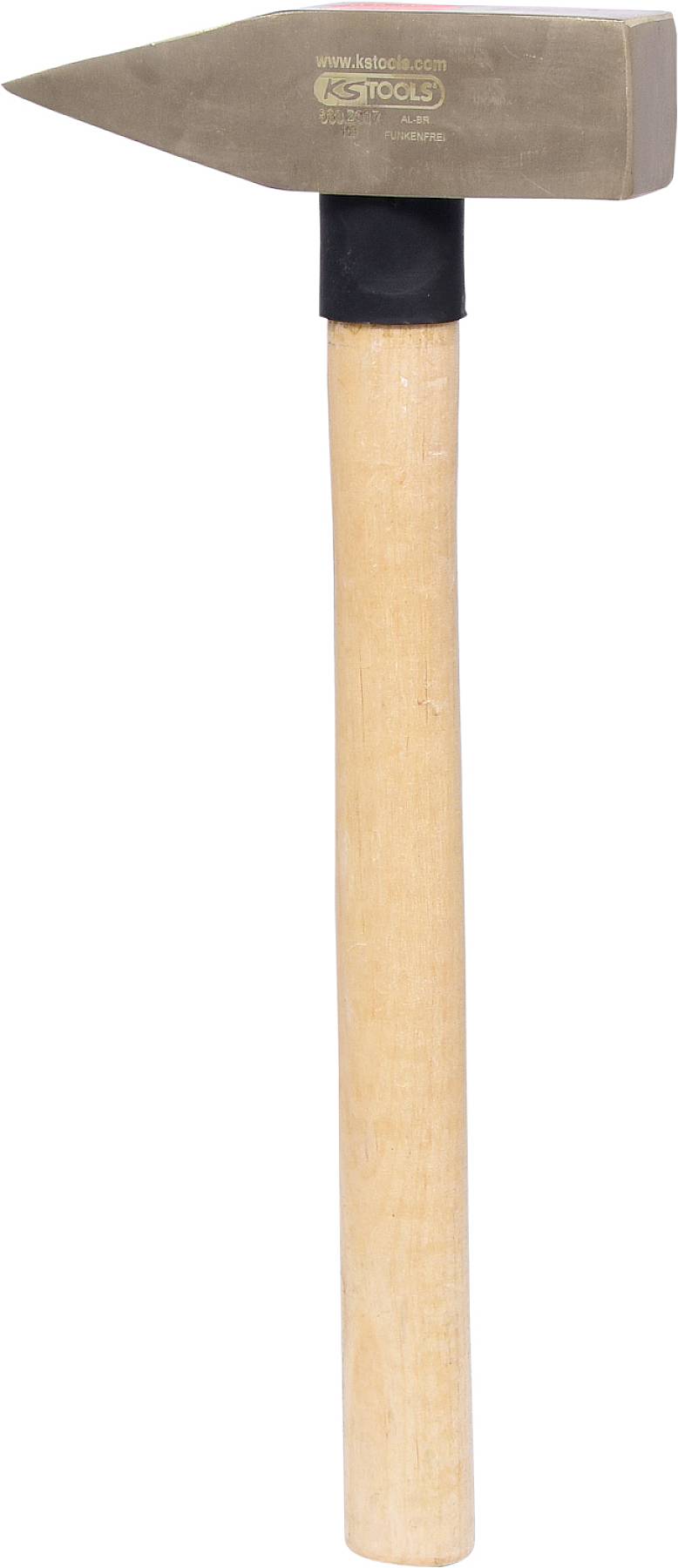 Ein schmaler Hammer mit Holzgriff und spitz zulaufendem Metallkopf. Geeignet für präzise Metallarbeiten.
