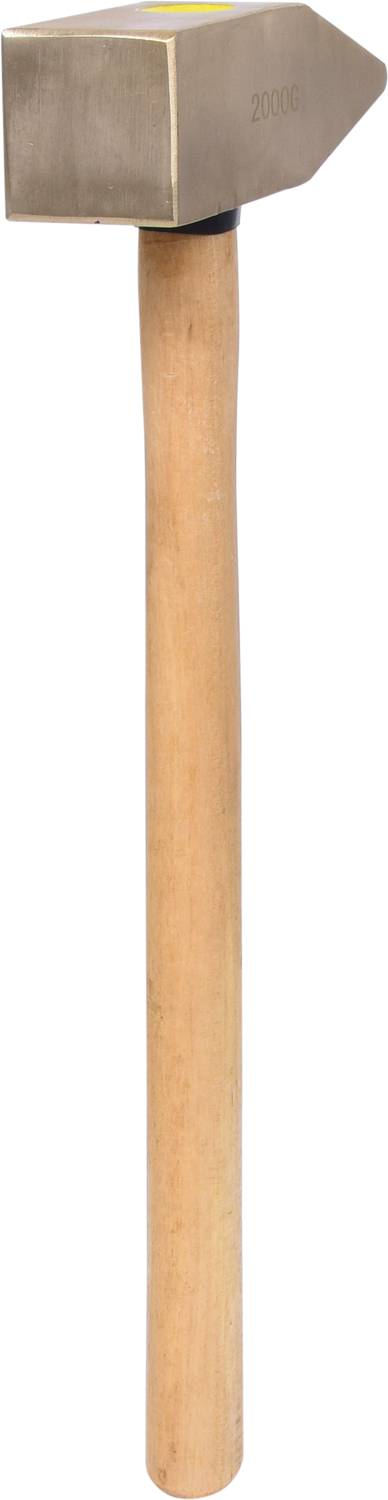 Ein Hammer mit einem hölzernen Griff und einem metallischen Kopf. Der Kopf hat eine rechteckige Form.