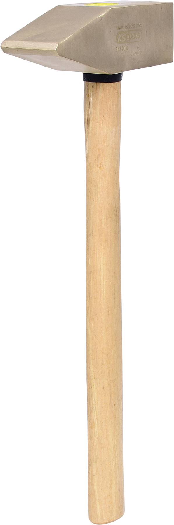 Ein Hammer mit einem Holzgriff und einem quadratischen, flachen Metallkopf.