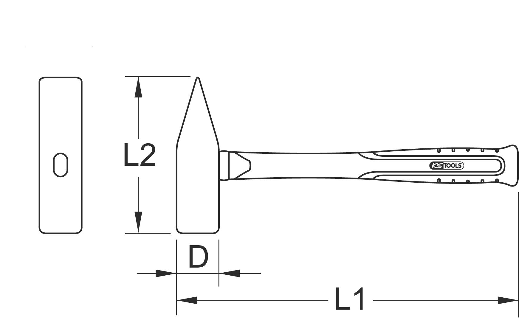 Technische Zeichnung eines Hammers mit Griff. Maßangaben sind L1, L2 und D. Werkzeugname auf dem Griff sichtbar.