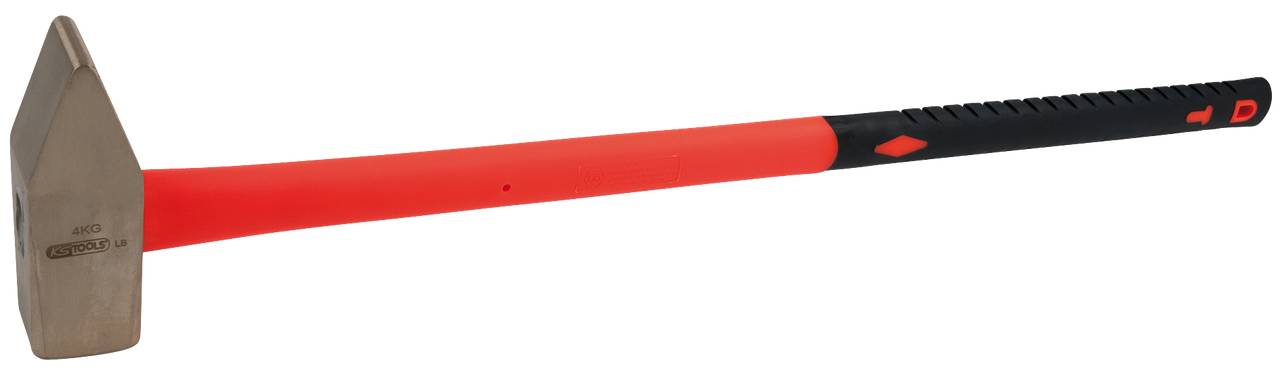 Ein Vorschlaghammer mit rotem Griff und schwarzem Ende, verwendet zum Zerkleinern oder Aufbrechen von Materialien.