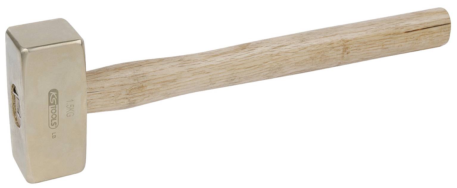 Holzhammer mit glattem, rechteckigem Metallkopf und langem, hellem Holzgriff, geeignet für Bau- oder Handwerksarbeiten.