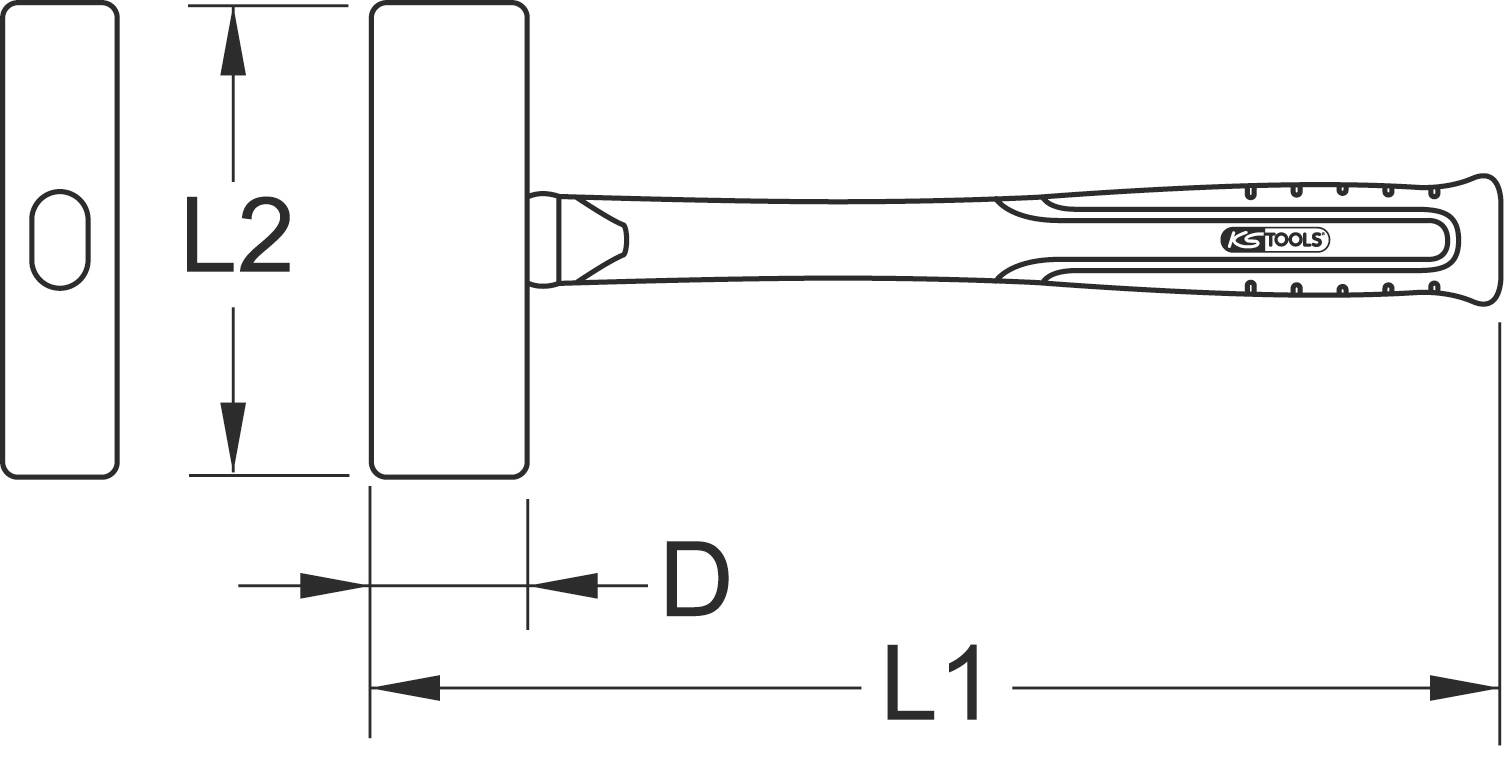 Diagramm eines Hammers mit Maßen: L1 für Gesamtlänge, L2 für Kopflänge, D für Kopfdurchmesser. Herstellerlogo auf dem Griff.