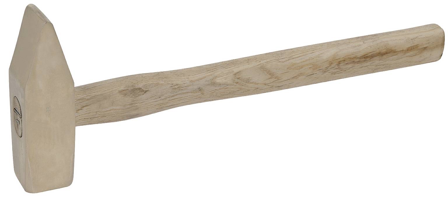 Ein Hammer mit einem hölzernen Griff und einem metallischen Kopf, der auf glatten Oberflächen verwendet werden kann.