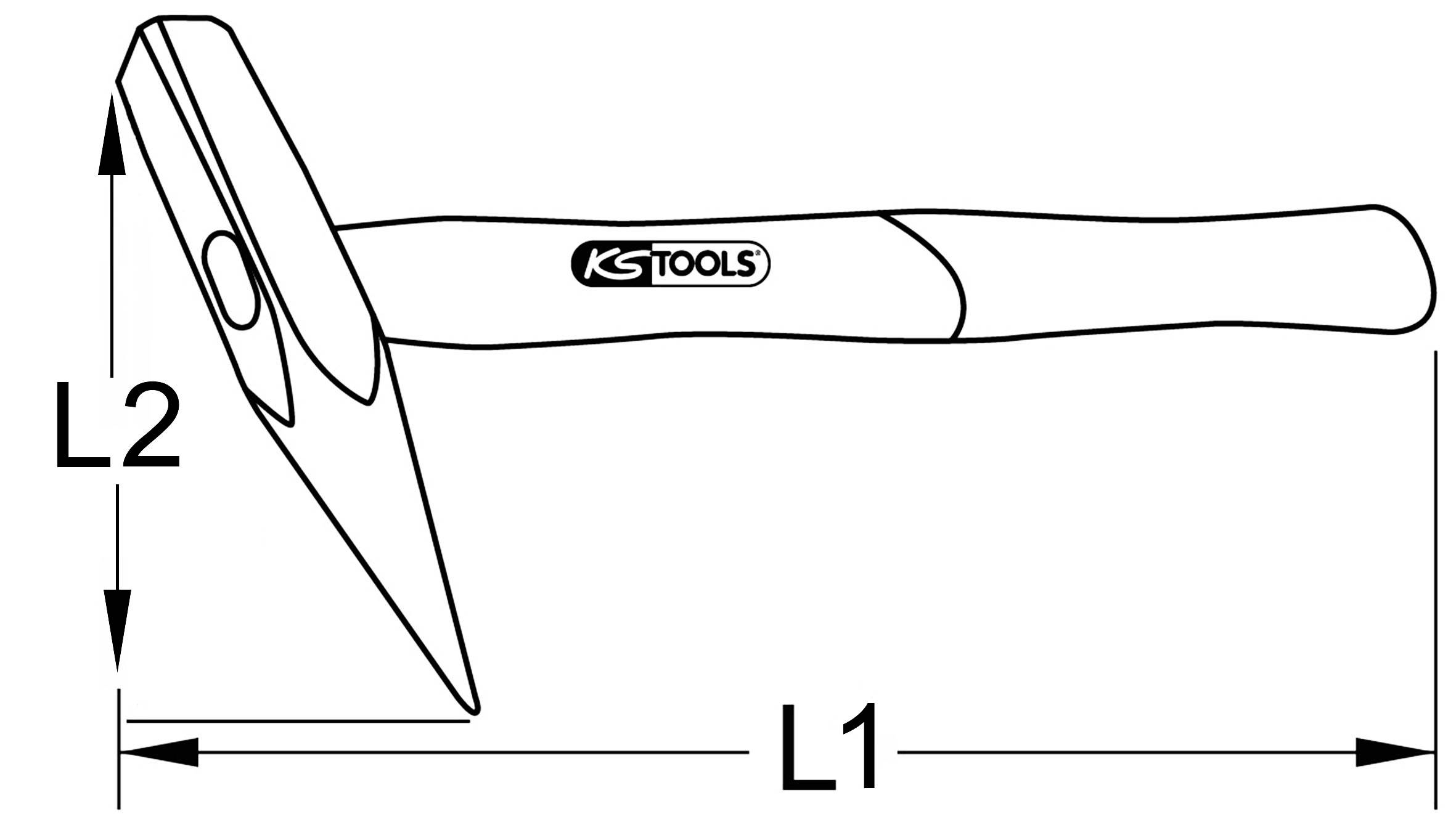 Strichzeichnung eines Spitzhammers von KS Tools mit Maßangaben L1 und L2, zeigt Design und Proportionen.