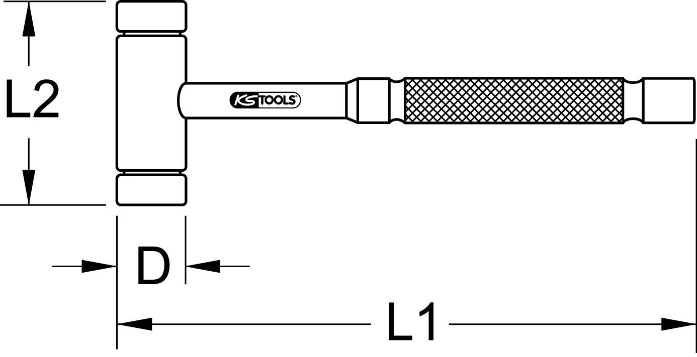 'Technische Zeichnung eines Hammers mit den Maßangaben L1, L2 und D. Herstellername 