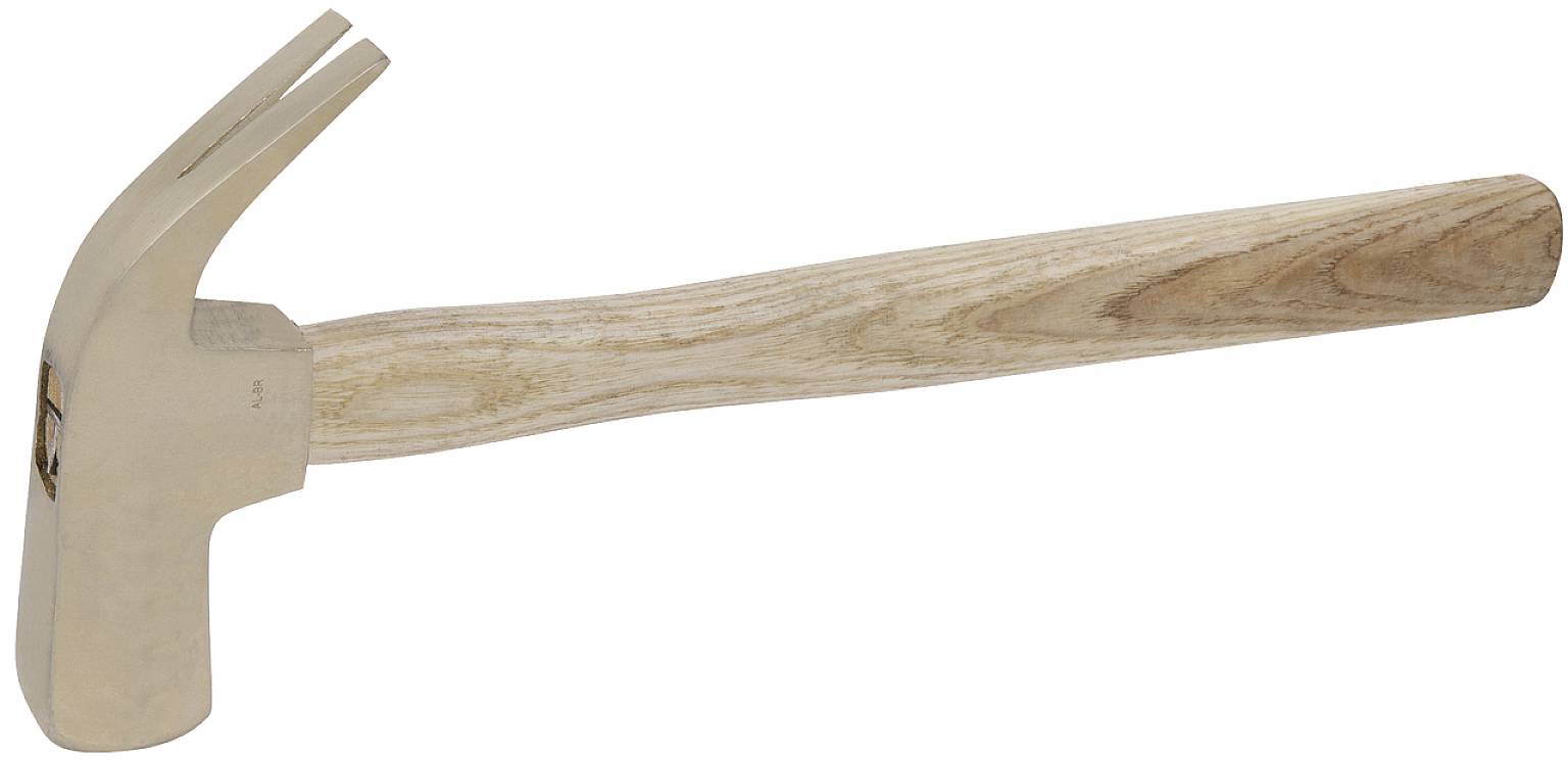 Der abgebildete Gegenstand ist ein Hammer mit einem hölzernen Griff und einer silbernen Metallkappe.