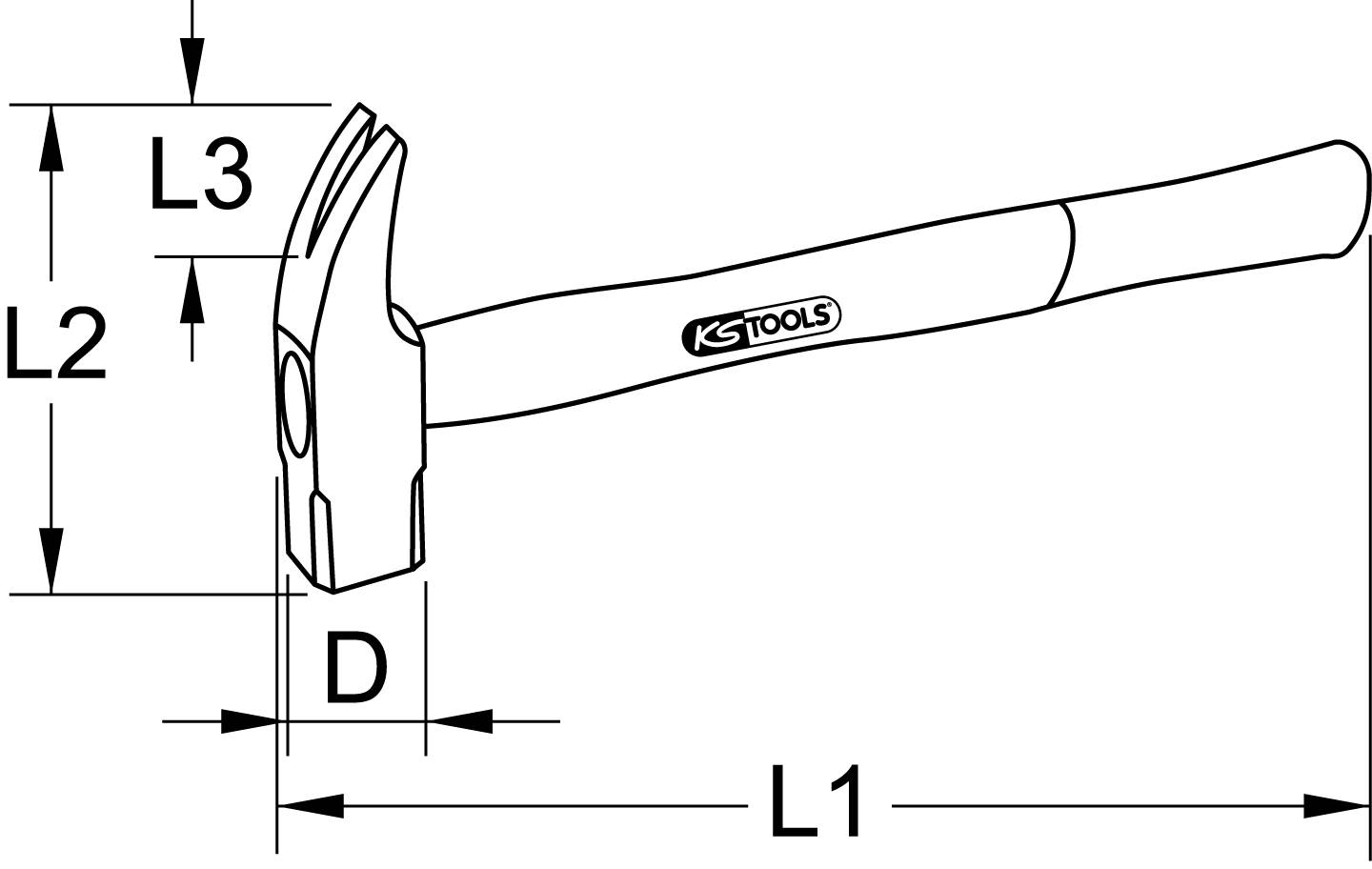 Ein technisches Diagramm eines Hammers mit Maßen: L1, L2, L3 und D dargestellt. Der Hammer hat einen hölzernen Griff.