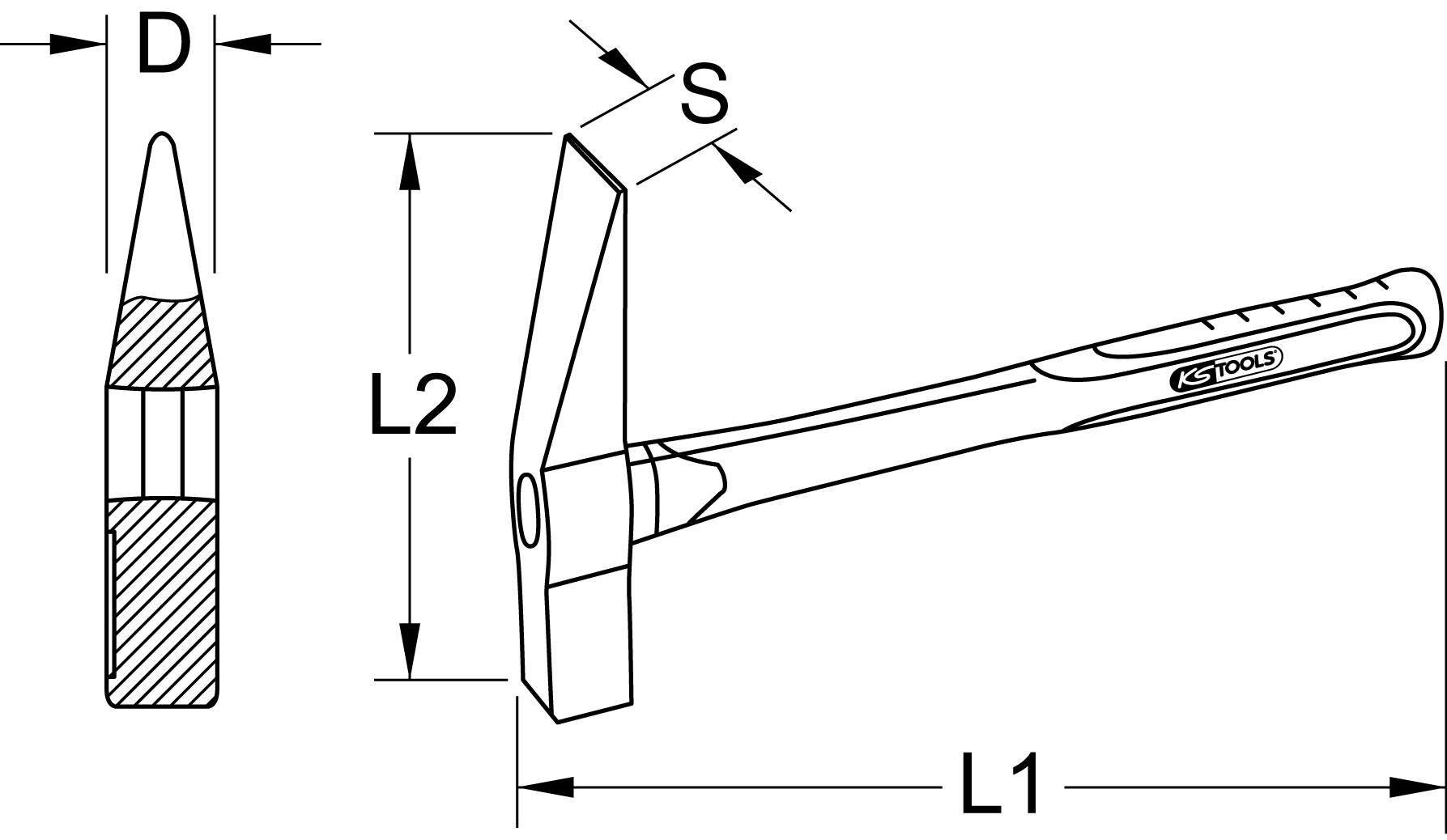 Ein technisches Diagramm eines Hammers mit Maßangaben: Länge des Griffs (L1), Höhe des Kopfs (L2), Breite der Spitze (D) und Winkel (S).