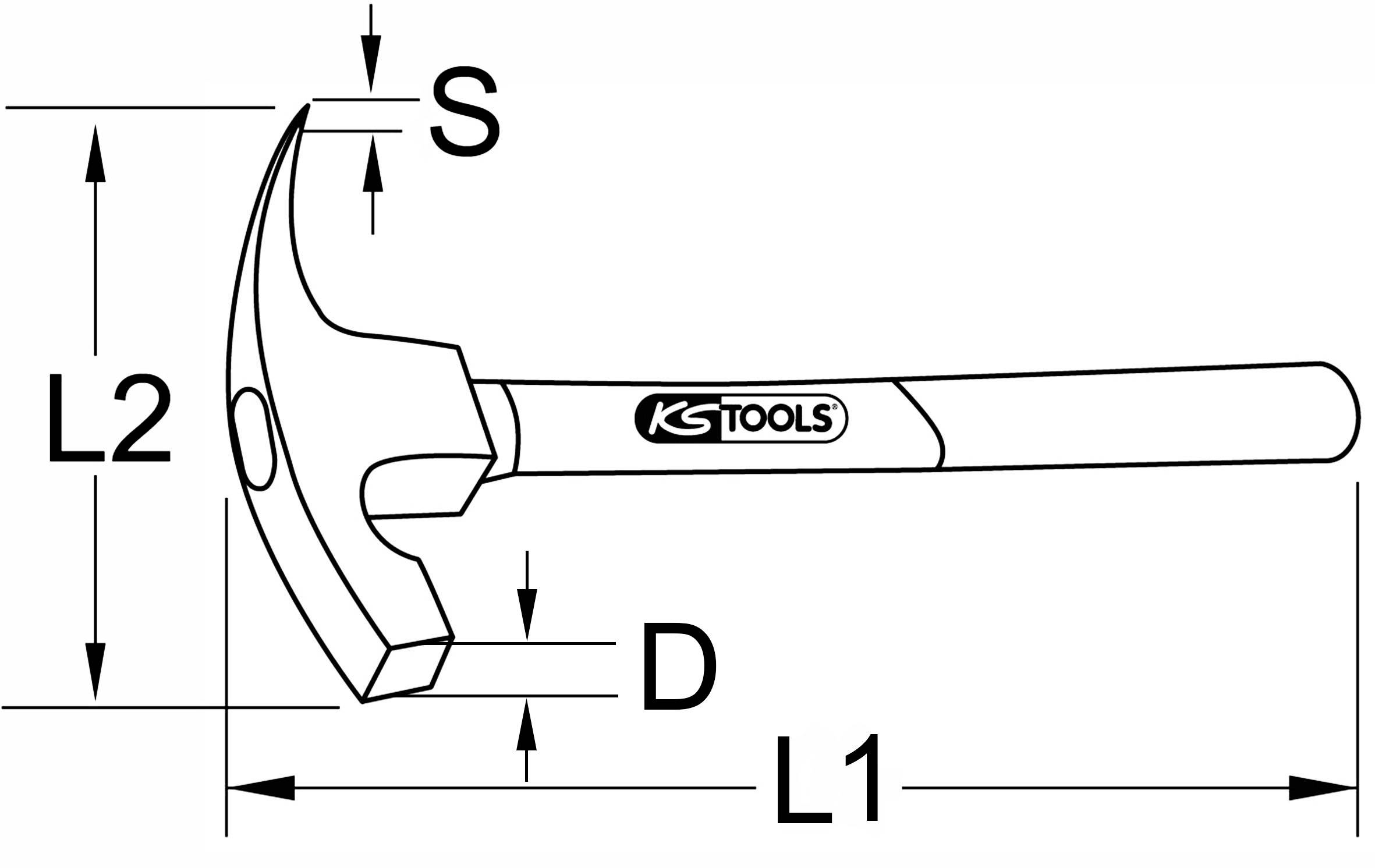 Abbildung eines Hammers mit Beschriftungen für Maße: L1 und L2 für die Länge, S für die Tiefe, D für den Durchmesser. Markenname auf dem Griff.