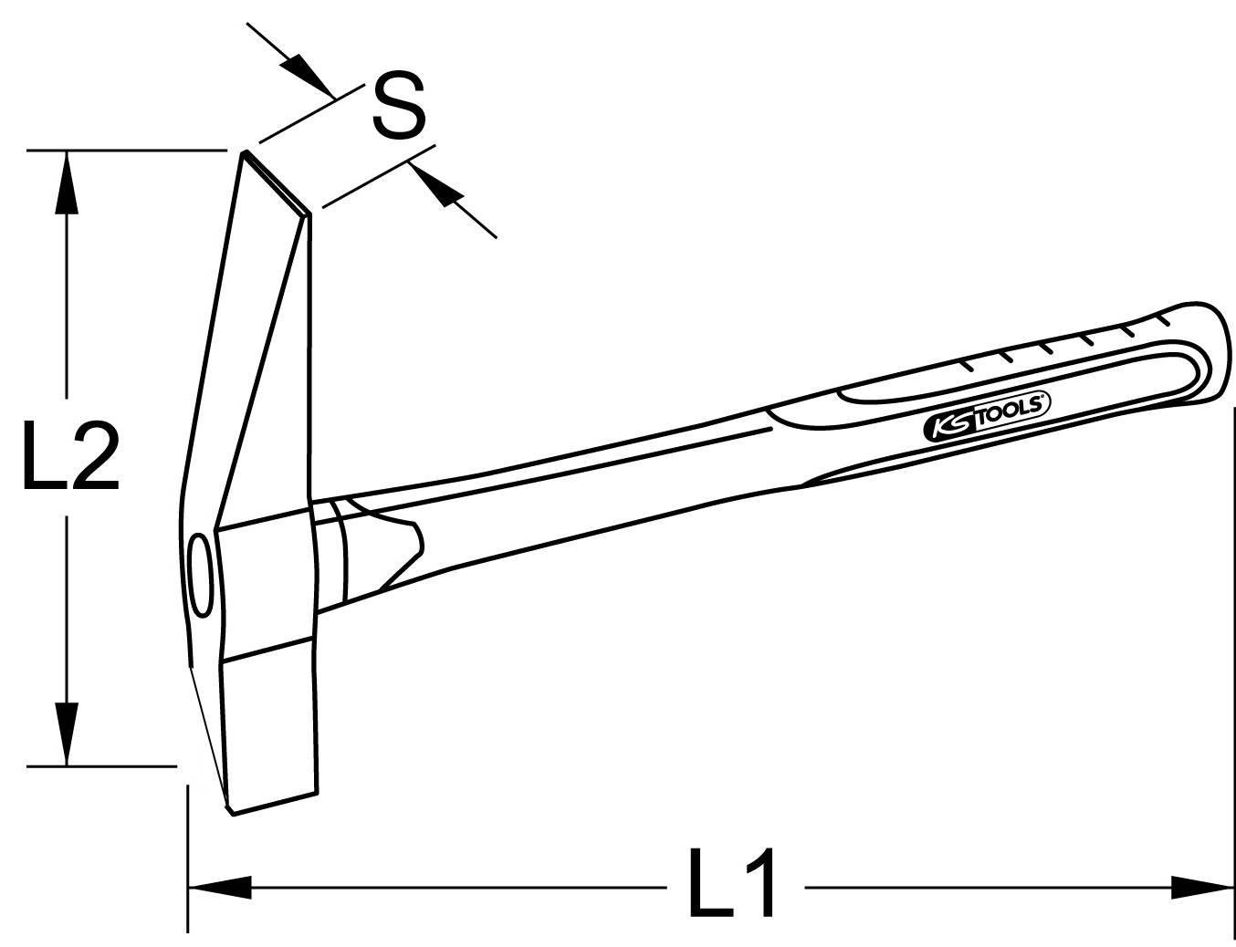 Zeichnung eines Hammers mit der Bezeichnung 'KS Tools'. Die Abmessungen L1, L2 und S sind angegeben.