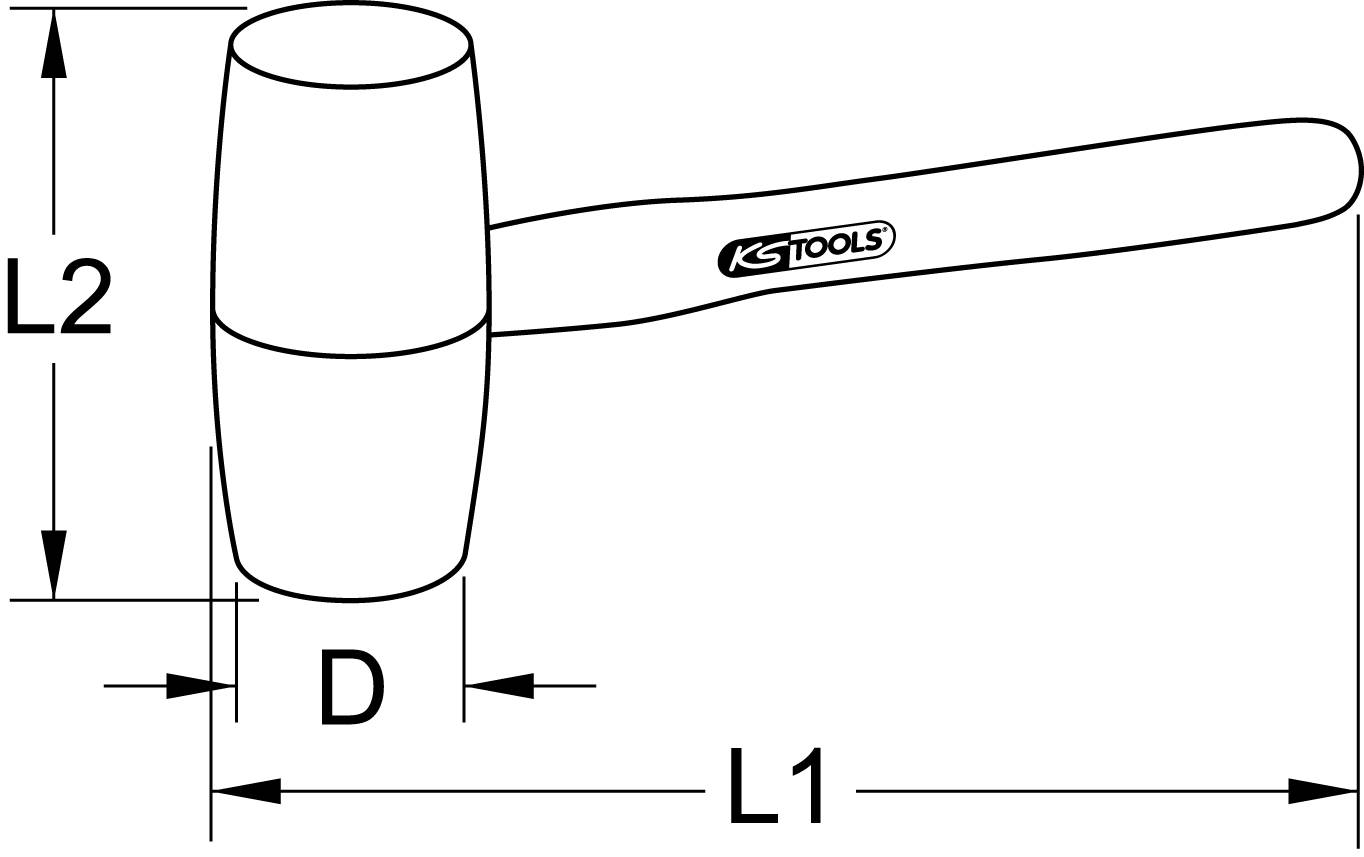 Eine technische Zeichnung eines Gummihammers mit den Maßen 'L1', 'L2' und 'D' sowie einem KS Tools-Logo auf dem Griff.